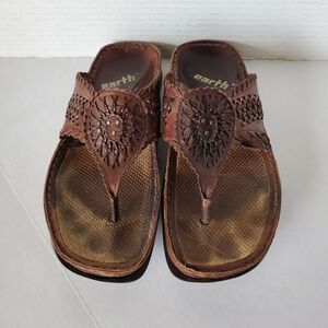 Earth Shoes Salsa Mahogany Leather Thong Sandals Boho Woven Slides Sz 6 Hippie